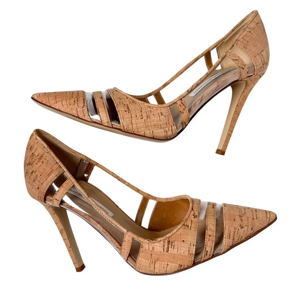DVF Becca Too Cork Pointed Toe Pumps Clear Panel Heels 7